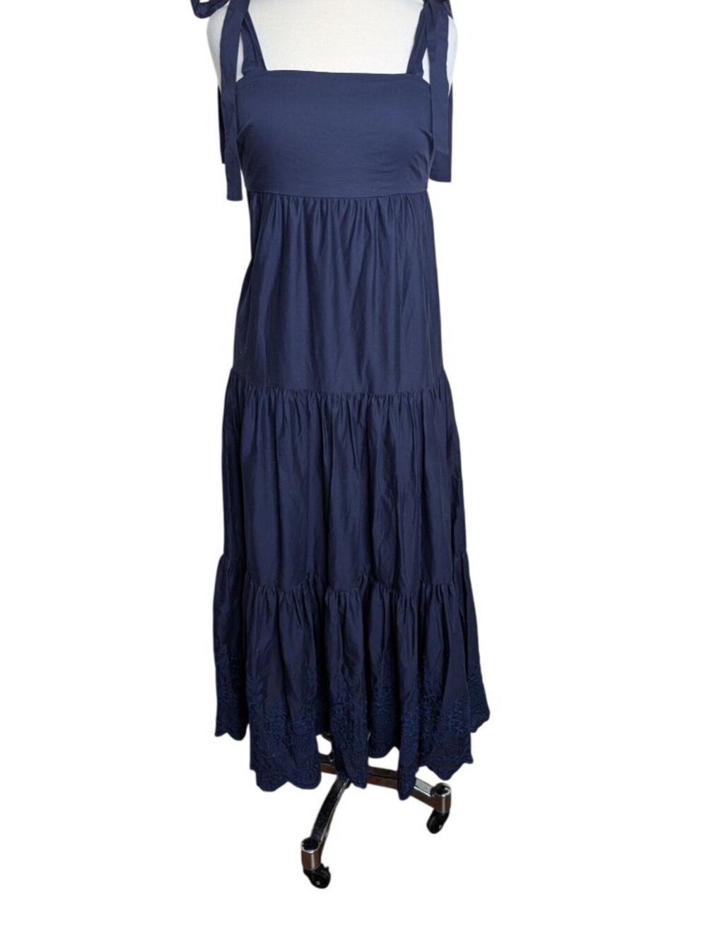 Jason Wu Tiered Embroidered Eyelet Maxi Dress Navy Shoulder Bow Ties Size S - Picture 10 of 14